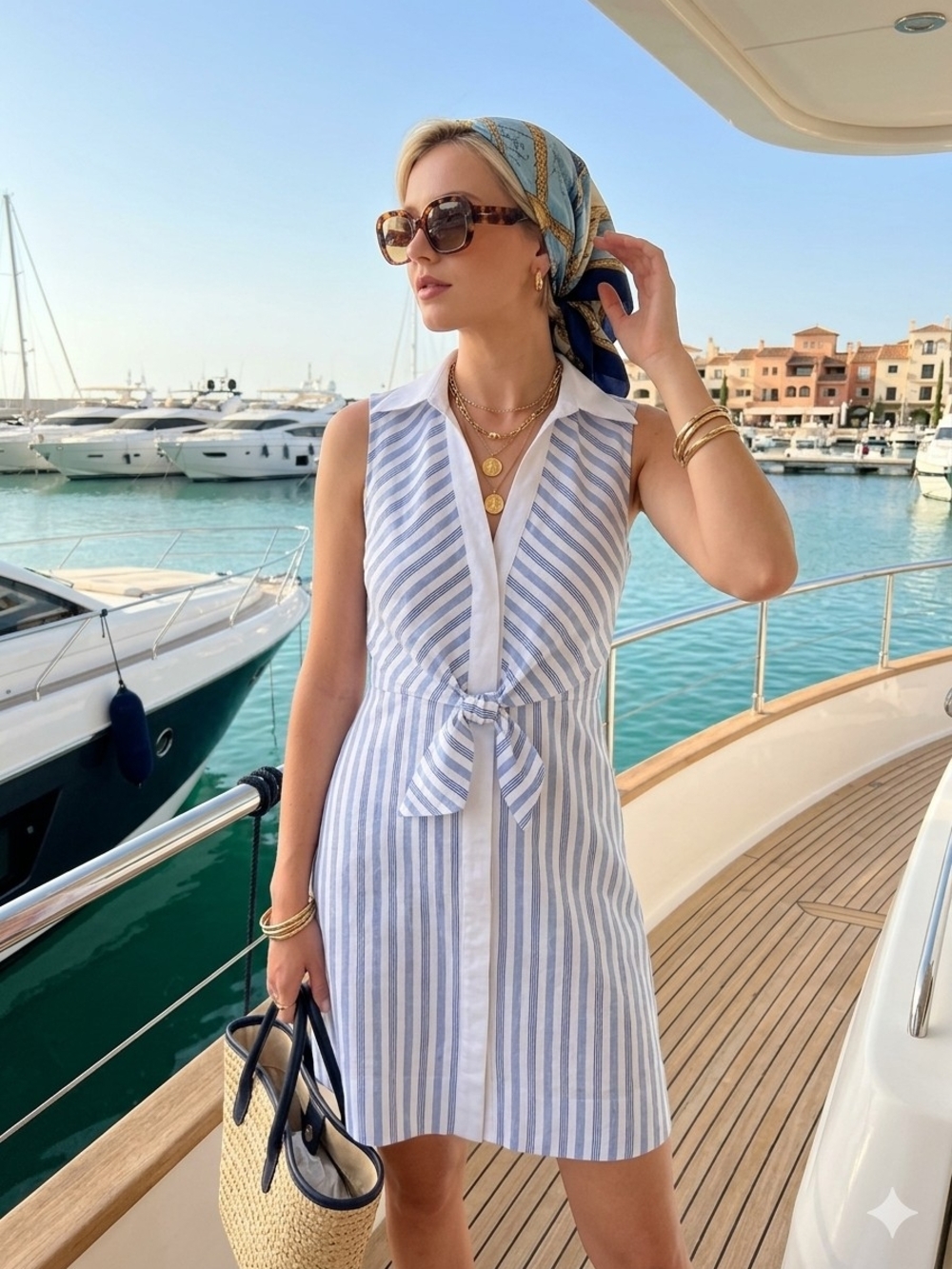 Eliza J Blue & White Striped Sleeveless Tie-Front Mini Dress Size 2P - Picture 2 of 12
